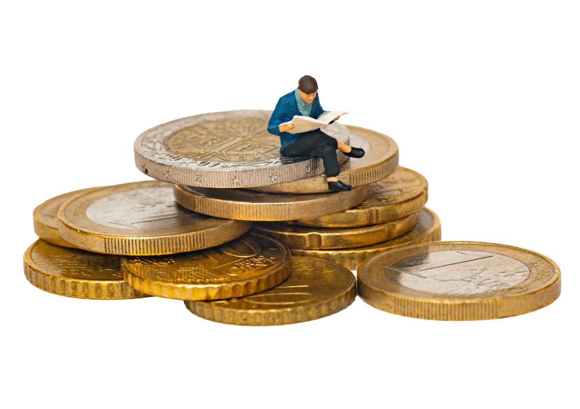 Image of cartoon person sitting on bunch of coins